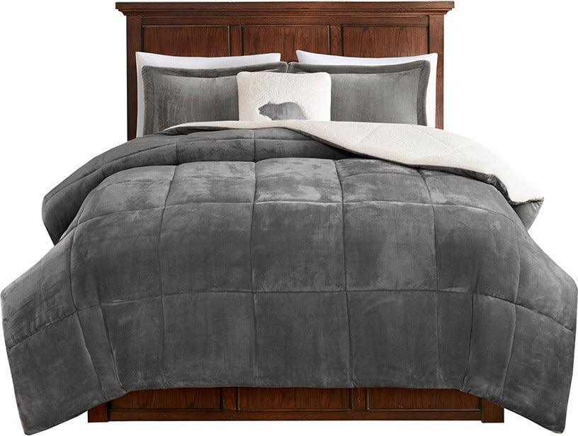 Olliix.com Comforters & Blankets - Alton Glam Plush to Sherpa Down Alternative Comforter Set Charcoal | Ivory Twin
