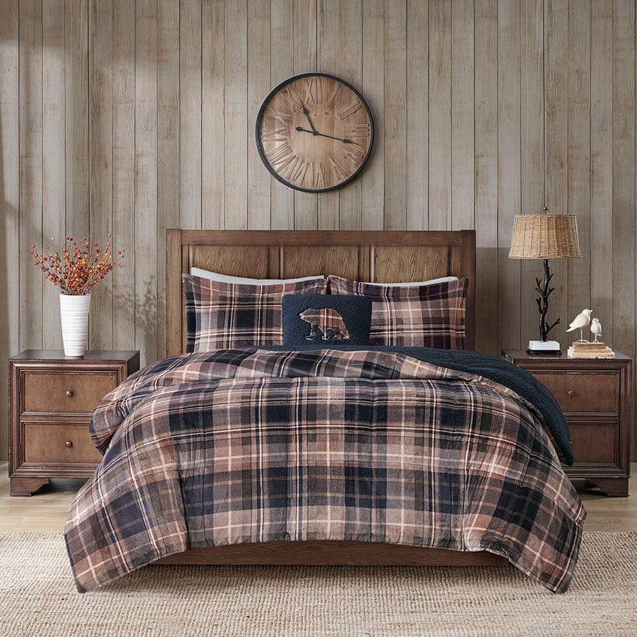 Olliix.com Comforters & Blankets - Alton King Lodge & Cabin Plush to Sherpa Down Alternative Comforter Set Brown &
