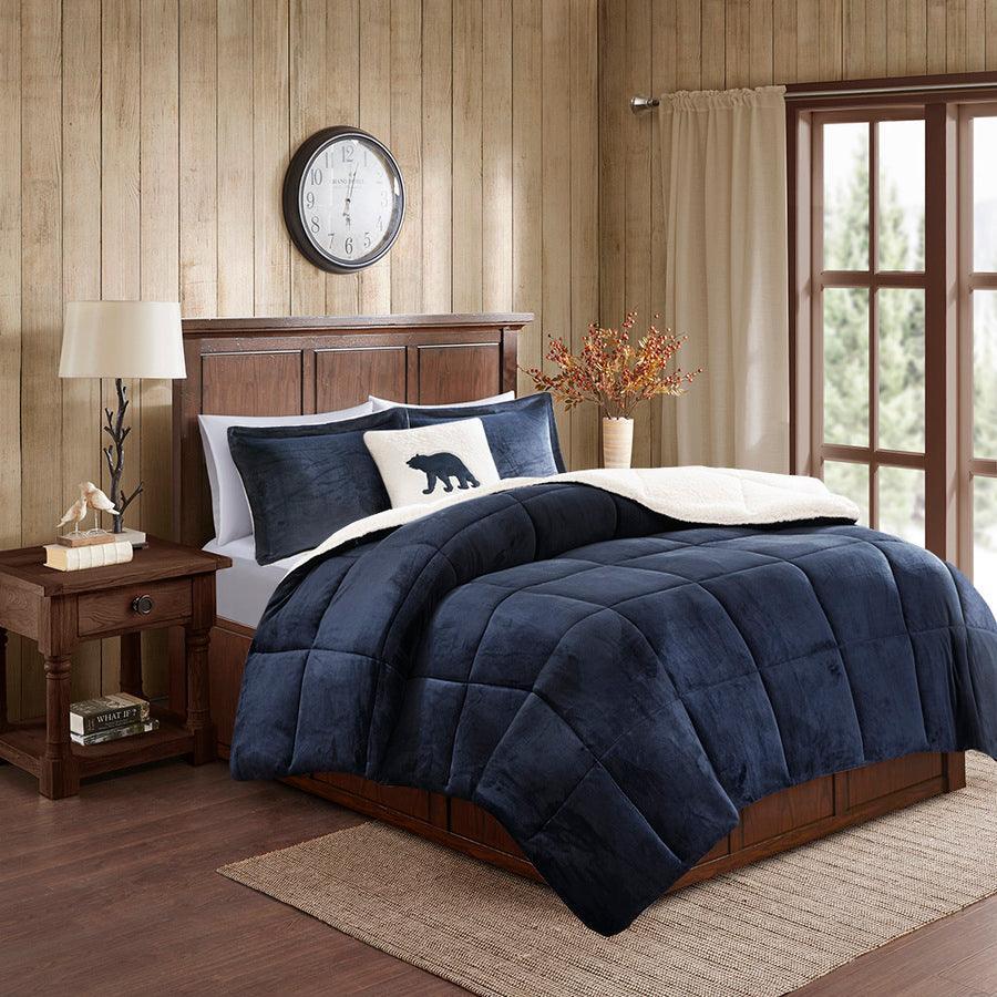 Olliix.com Comforters & Blankets - Alton King Plush to Sherpa Down Alternative Comforter Set Navy & Ivory