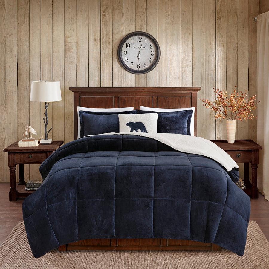 Olliix.com Comforters & Blankets - Alton King Plush to Sherpa Down Alternative Comforter Set Navy & Ivory