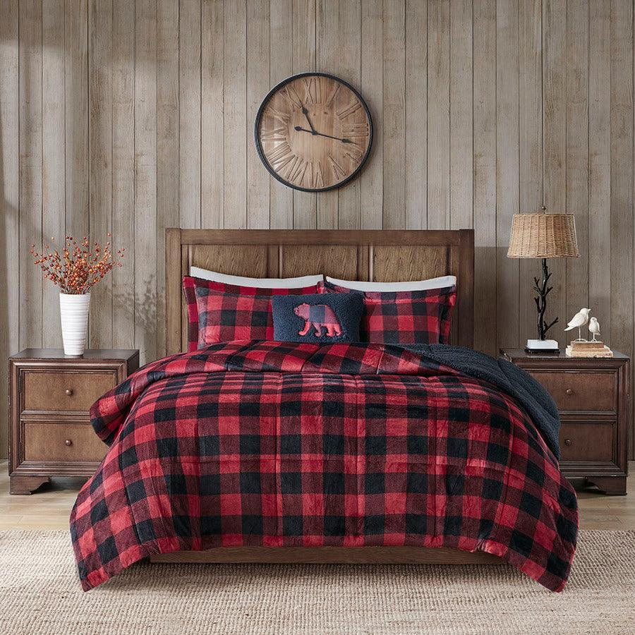 Olliix.com Comforters & Blankets - Alton Plush to Sherpa Down Alternative Comforter Set Red & Black Buffalo Check King