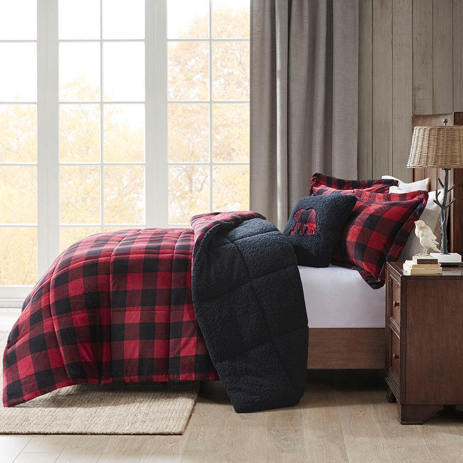 Olliix.com Comforters & Blankets - Alton Plush to Sherpa Down Alternative Comforter Set Red & Black Buffalo Check King