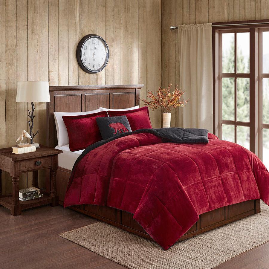 Olliix.com Comforters & Blankets - Alton Twin Plush to Sherpa Down Alternative Comforter Set Red & Black