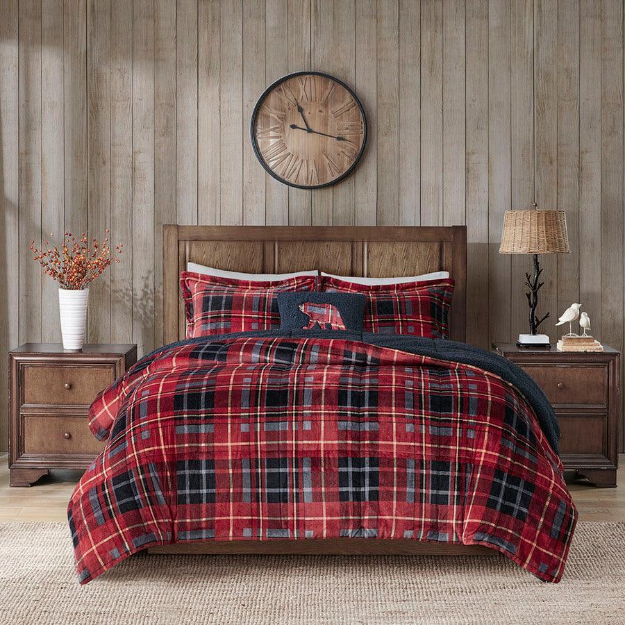 Olliix.com Comforters & Blankets - Alton Twin Plush to Sherpa Down Alternative Comforter Set Red Plaid