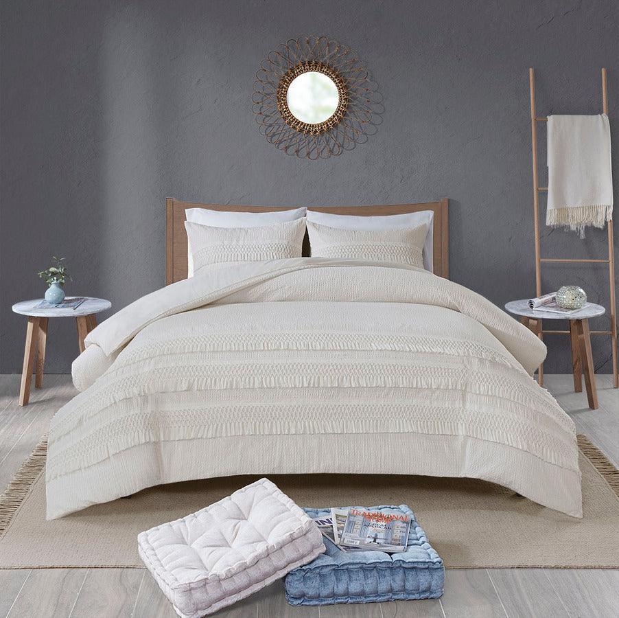 Olliix.com Comforters & Blankets - Amaya 3 Piece Cotton Seersucker Comforter Set Ivory King/Cal King