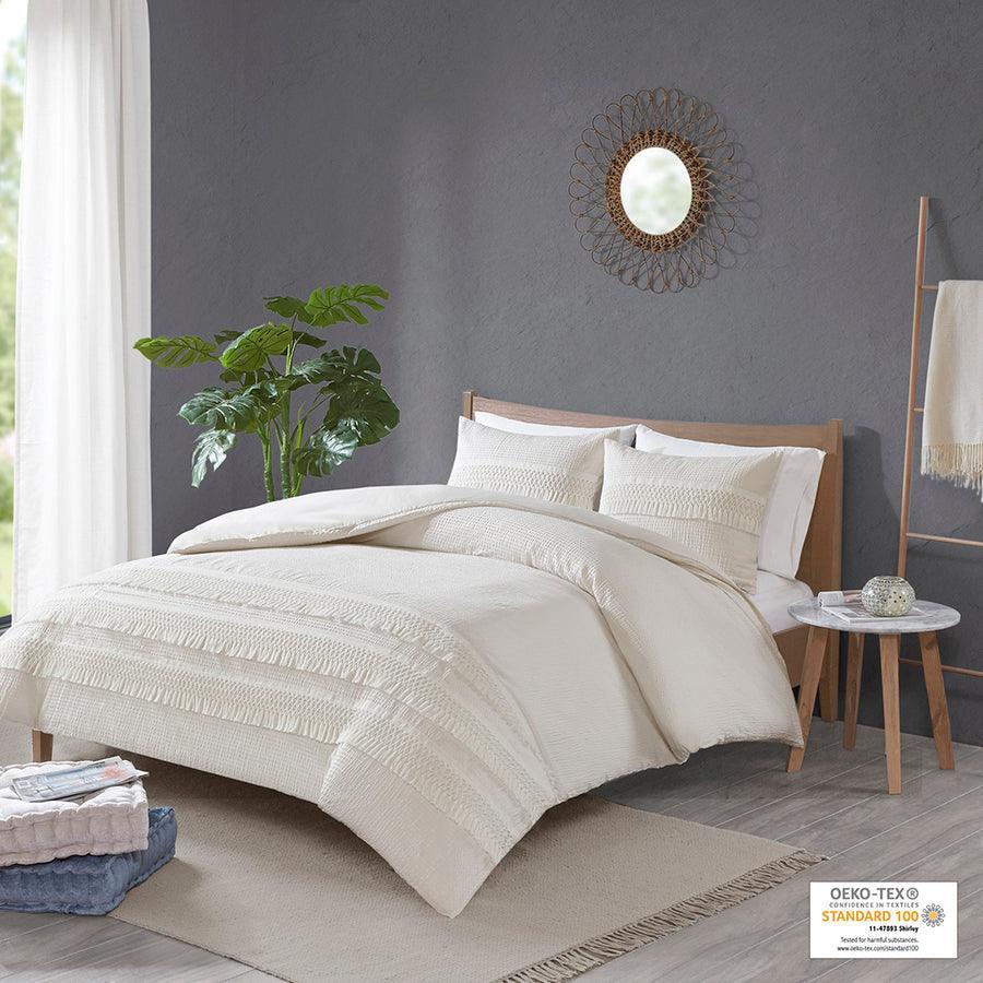 Olliix.com Comforters & Blankets - Amaya Modern 3 Piece Cotton Seersucker Comforter Set Ivory Full/Queen