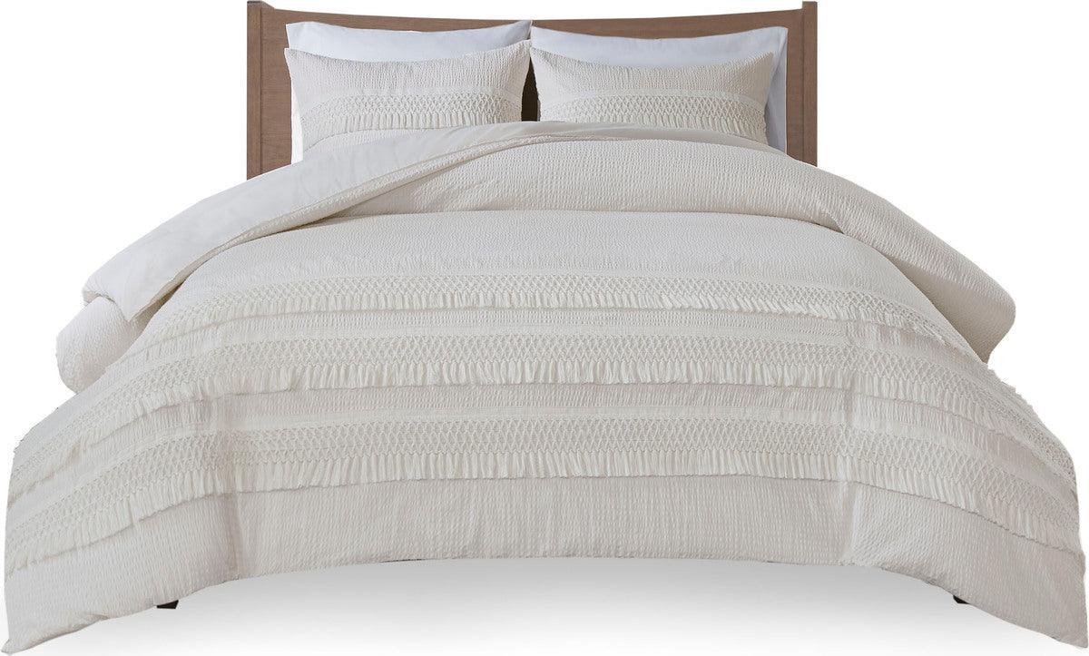 Olliix.com Comforters & Blankets - Amaya Modern 3 Piece Cotton Seersucker Comforter Set Ivory Full/Queen
