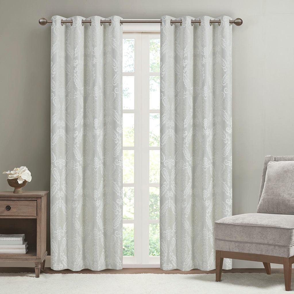 Olliix.com Curtains - Amelia 108 H Knitted Jacquard Paisley Total Blackout Grommet Top Curtain Panel White
