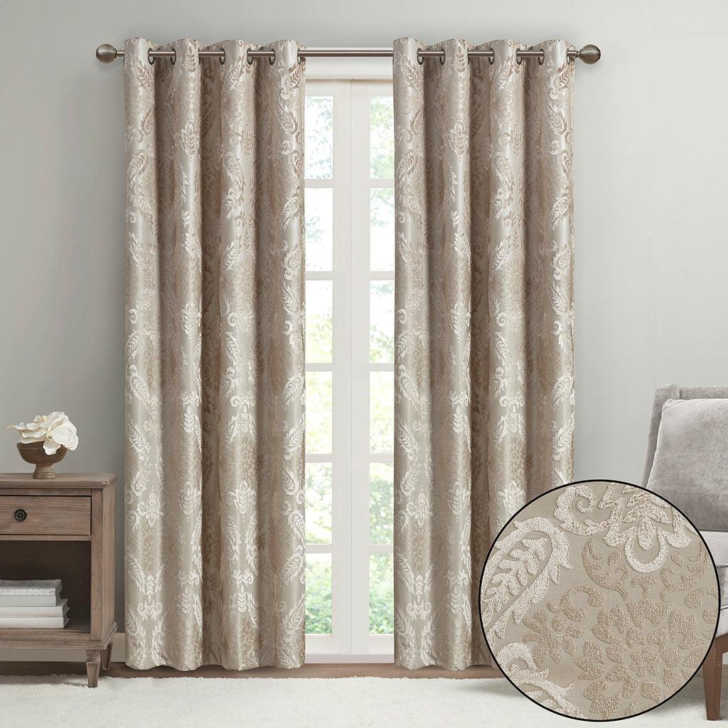 Olliix.com Curtains - Amelia 84 H Knitted Jacquard Paisley Total Blackout Grommet Top Curtain Panel Champagne