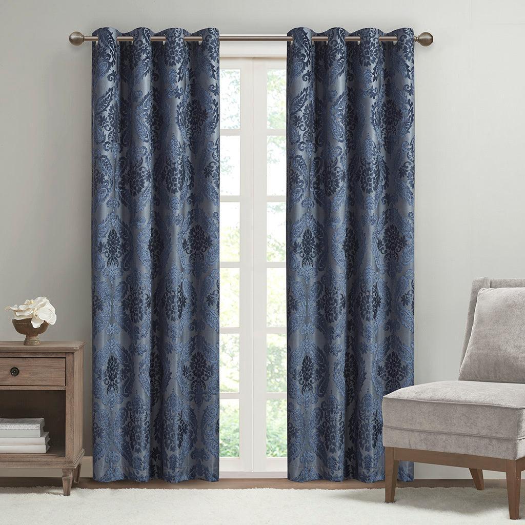 Olliix.com Curtains - Amelia 84 H Knitted Jacquard Paisley Total Blackout Grommet Top Curtain Panel Navy
