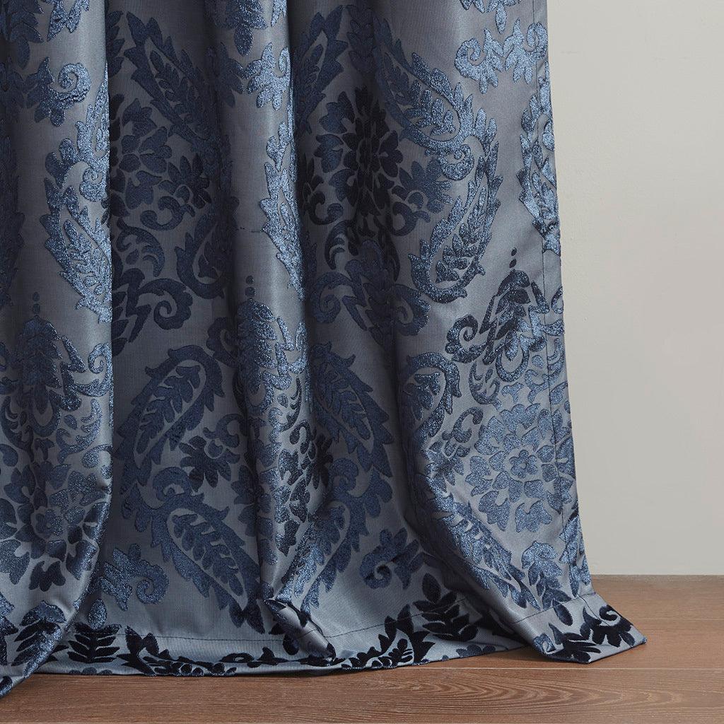 Olliix.com Curtains - Amelia 84 H Knitted Jacquard Paisley Total Blackout Grommet Top Curtain Panel Navy
