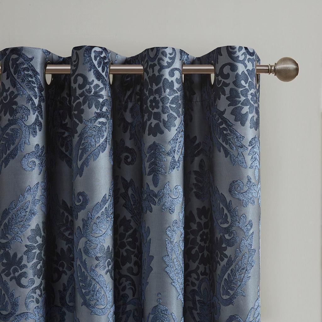Olliix.com Curtains - Amelia 84 H Knitted Jacquard Paisley Total Blackout Grommet Top Curtain Panel Navy