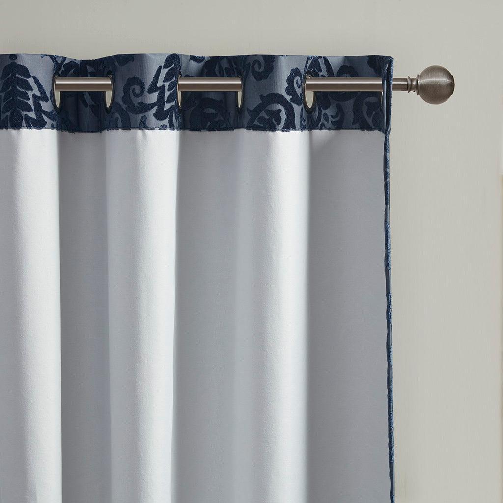 Olliix.com Curtains - Amelia 84 H Knitted Jacquard Paisley Total Blackout Grommet Top Curtain Panel Navy