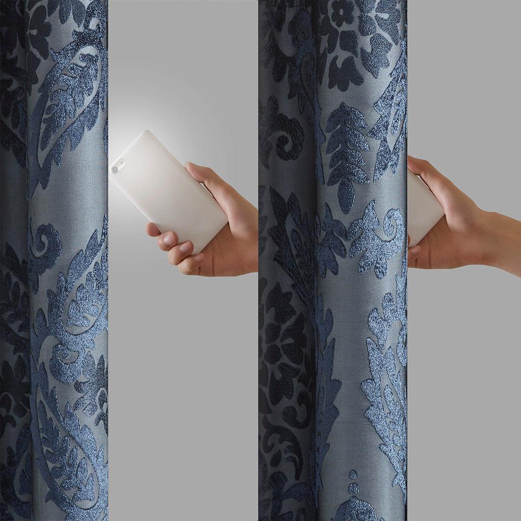 Olliix.com Curtains - Amelia 84 H Knitted Jacquard Paisley Total Blackout Grommet Top Curtain Panel Navy