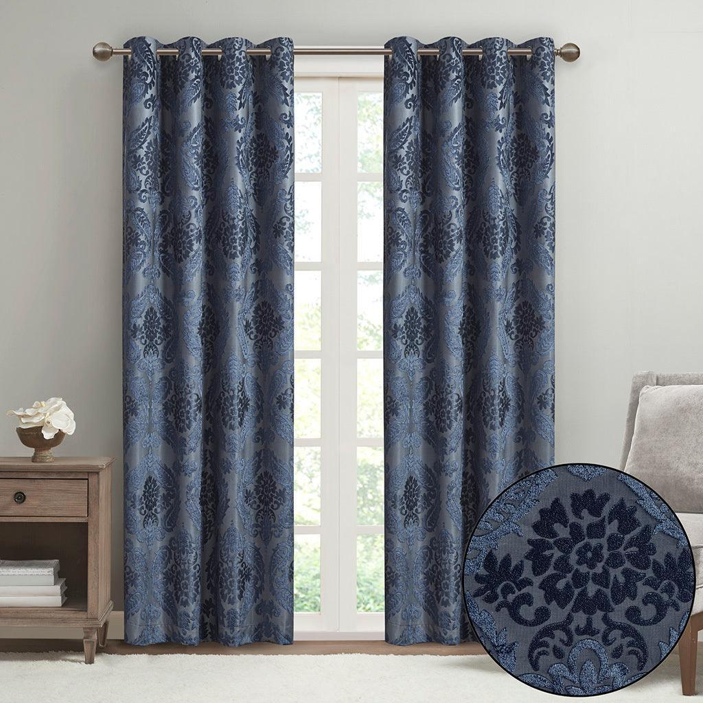Olliix.com Curtains - Amelia 84 H Knitted Jacquard Paisley Total Blackout Grommet Top Curtain Panel Navy