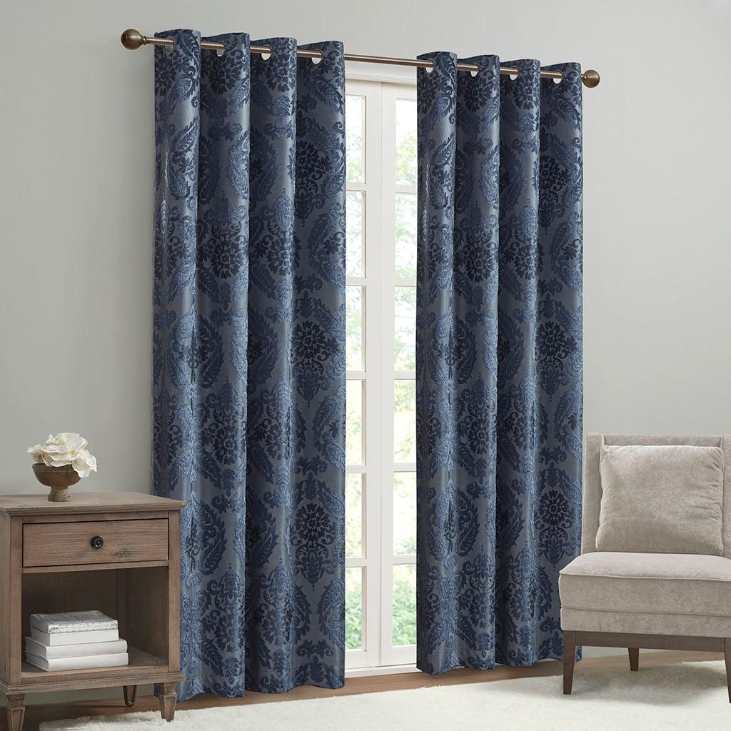 Olliix.com Curtains - Amelia 95 H Knitted Jacquard Paisley Total Blackout Grommet Top Curtain Panel Navy
