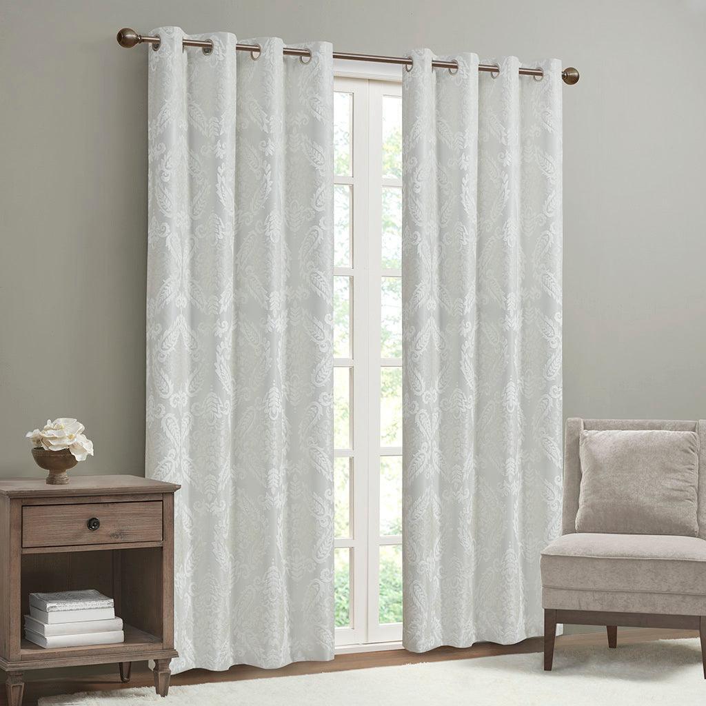 Olliix.com Curtains - Amelia 95 H Knitted Jacquard Paisley Total Blackout Grommet Top Curtain Panel White