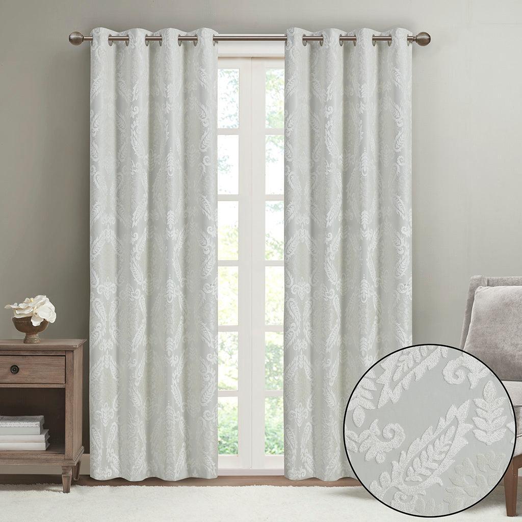 Olliix.com Curtains - Amelia 95 H Knitted Jacquard Paisley Total Blackout Grommet Top Curtain Panel White