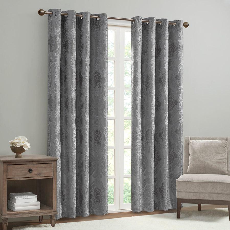Olliix.com Curtains - Amelia Knitted Jacquard Paisley Total Blackout Grommet Top Curtain Panel Gray