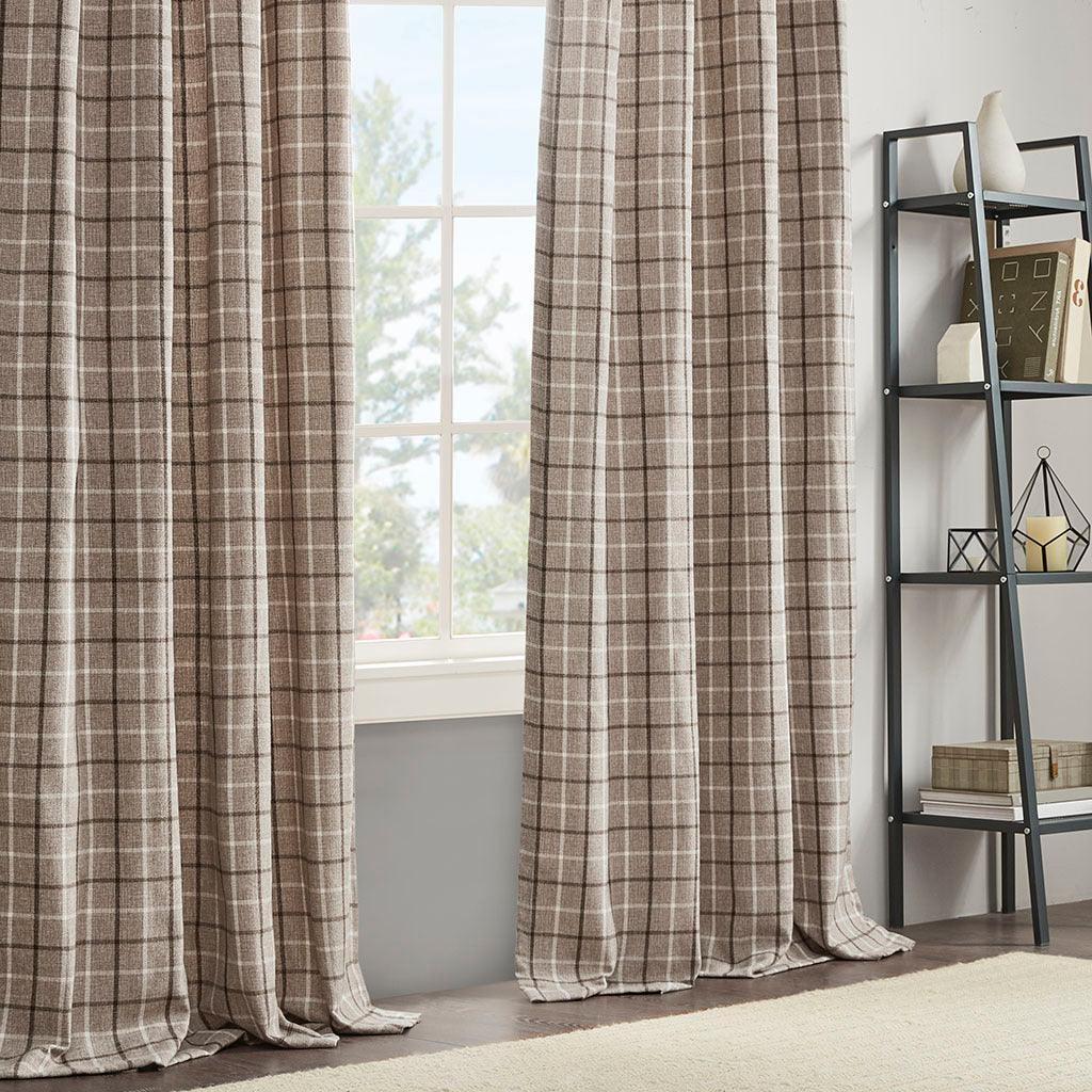 Olliix.com Curtains - Anaheim 95" Plaid Rod Pocket and Back Tab Panel with Fleece Lining Brown