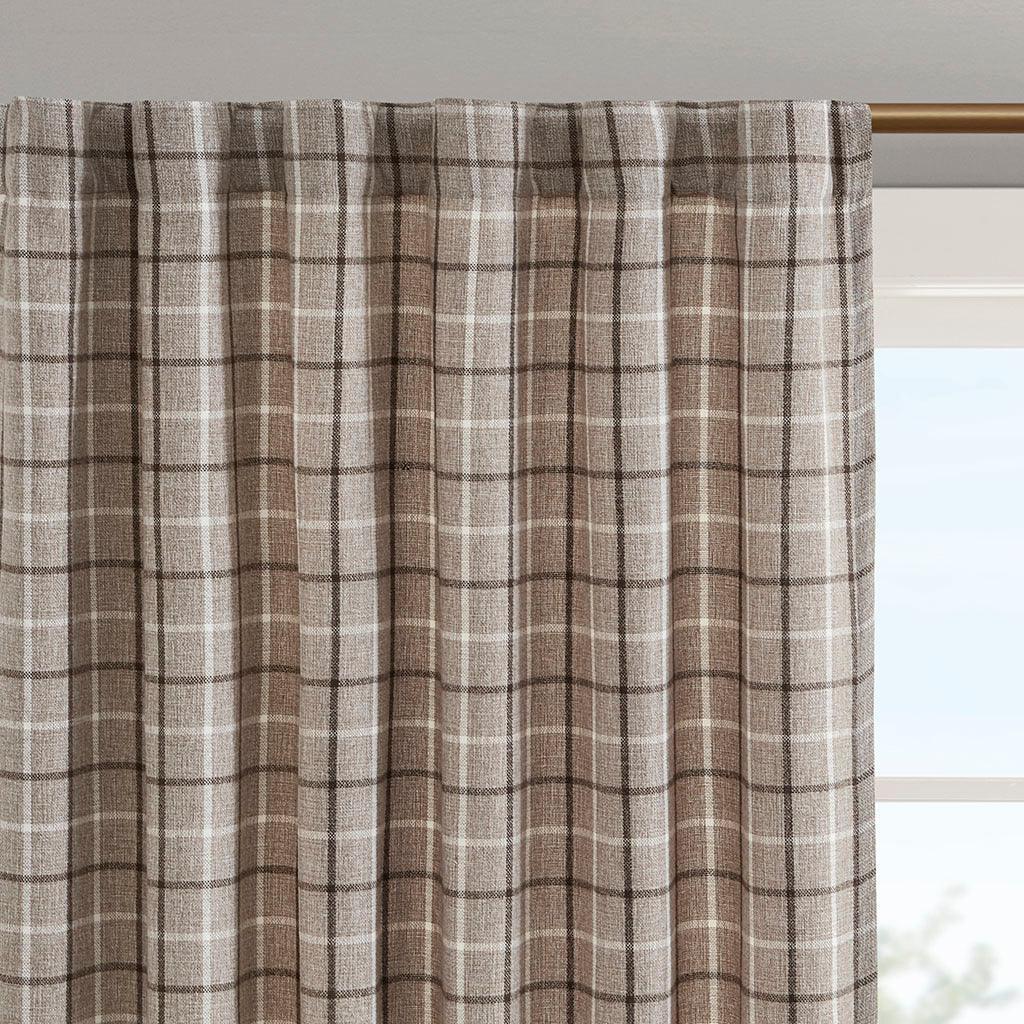 Olliix.com Curtains - Anaheim 95" Plaid Rod Pocket and Back Tab Panel with Fleece Lining Brown