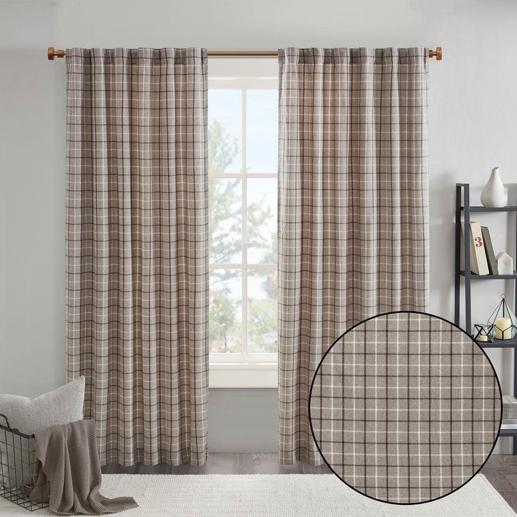 Olliix.com Curtains - Anaheim 95" Plaid Rod Pocket and Back Tab Panel with Fleece Lining Brown