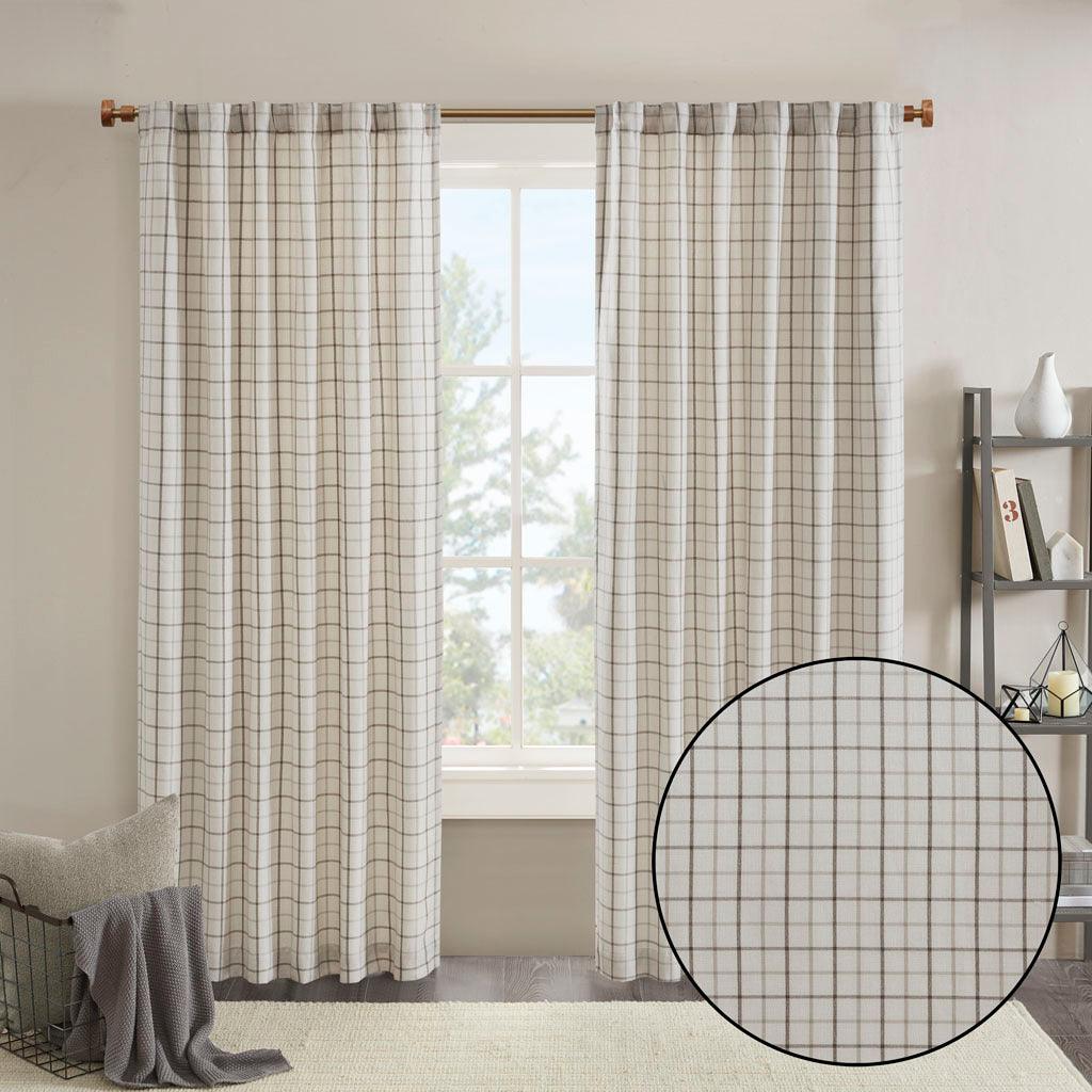 Olliix.com Curtains - Anaheim 95" Plaid Rod Pocket and Back Tab Panel with Fleece Lining Natural
