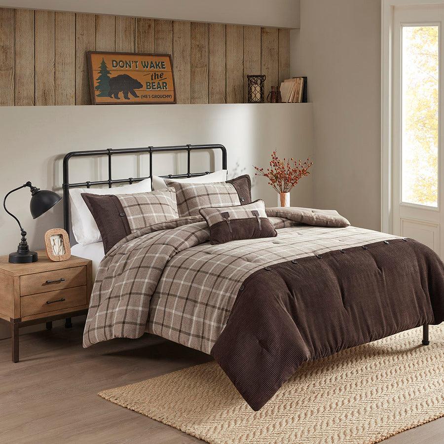 Olliix.com Comforters & Blankets - Anaheim King/California King 4 Piece Plaid Lodge & Cabin Comforter Set Tan & Brown