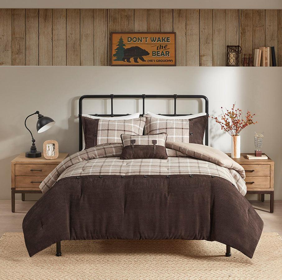 Olliix.com Comforters & Blankets - Anaheim King/California King 4 Piece Plaid Lodge & Cabin Comforter Set Tan & Brown