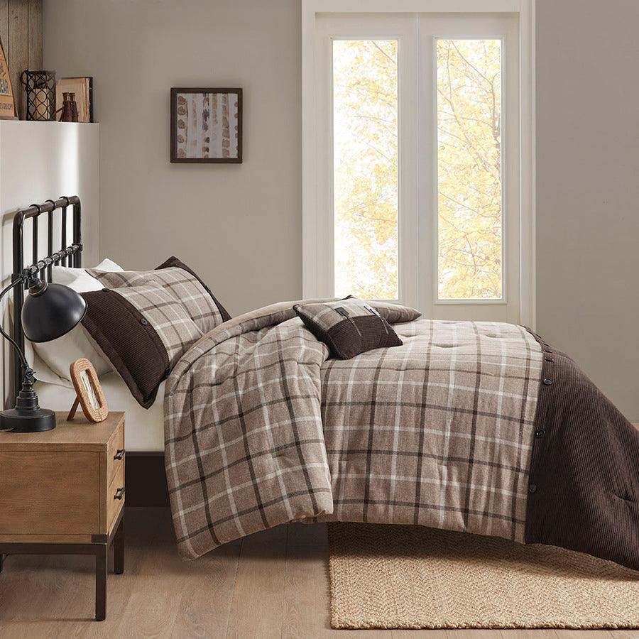 Olliix.com Comforters & Blankets - Anaheim King/California King 4 Piece Plaid Lodge & Cabin Comforter Set Tan & Brown