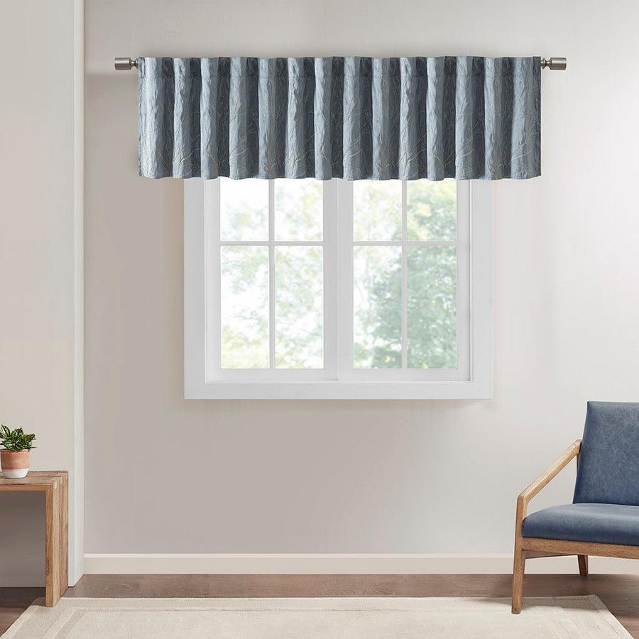 Olliix.com Curtains - Andora Transitional Faux Silk Embroidered Window Valance 50"W x 18"L Blue