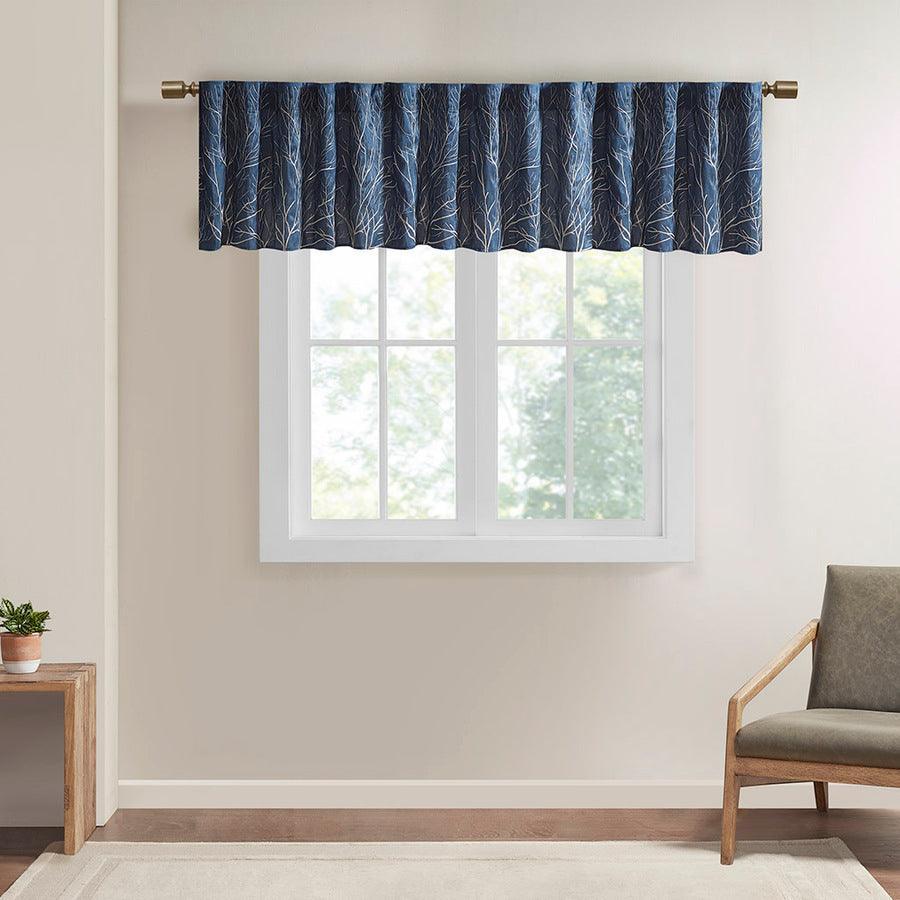 Olliix.com Curtains - Andora Transitional Faux Silk Embroidered Window Valance 50"W x 18"L Navy