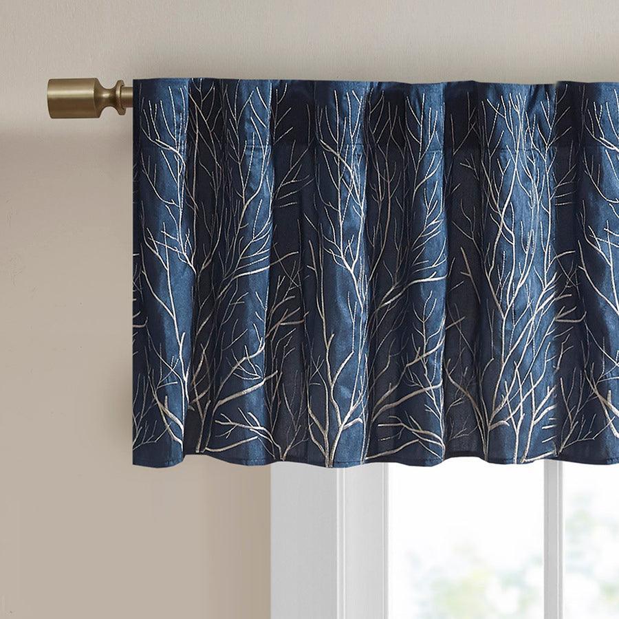 Olliix.com Curtains - Andora Transitional Faux Silk Embroidered Window Valance 50"W x 18"L Navy