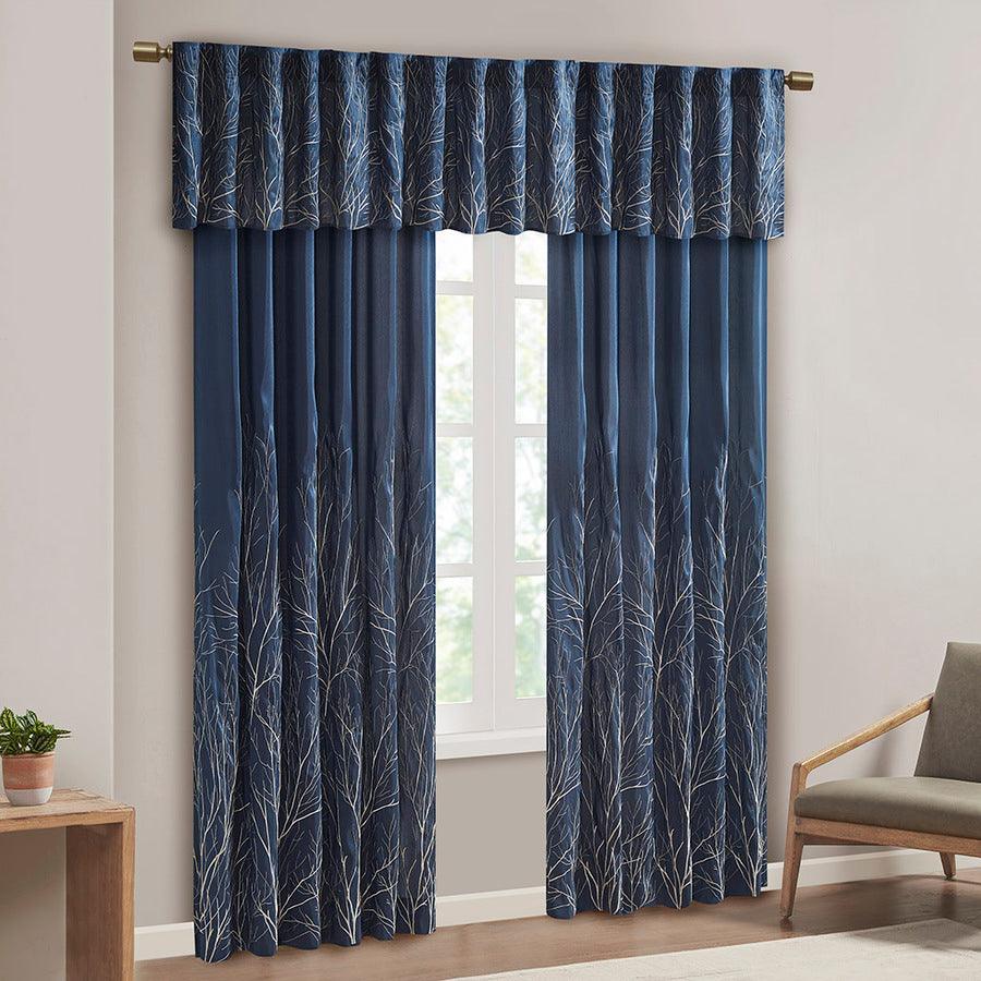 Olliix.com Curtains - Andora Transitional Faux Silk Embroidered Window Valance 50"W x 18"L Navy