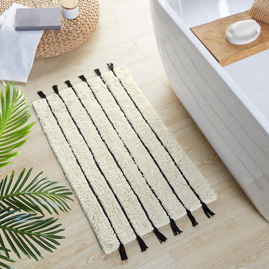 Olliix.com Bath Rugs - Arbor Stripe Tassel Cotton Tufted Rug Black & Neutral