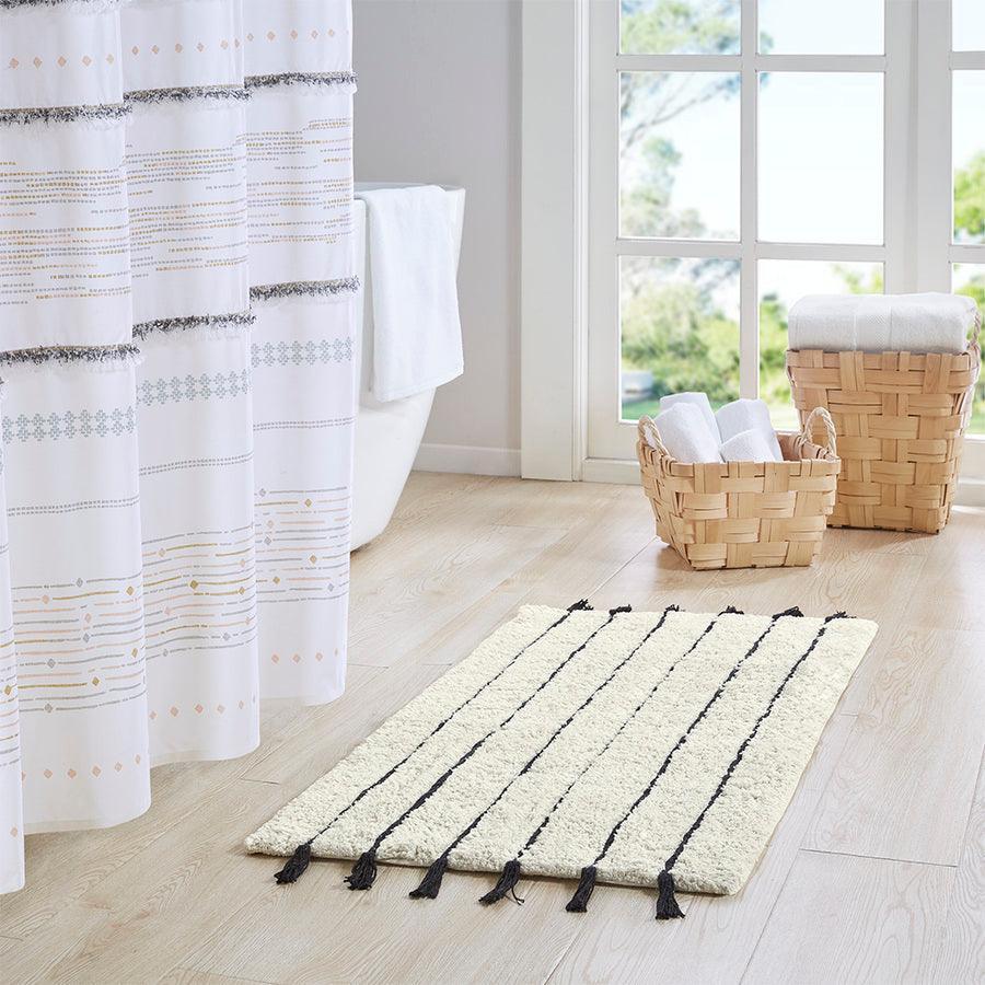 Olliix.com Bath Rugs - Arbor Stripe Tassel Cotton Tufted Rug Black & Neutral