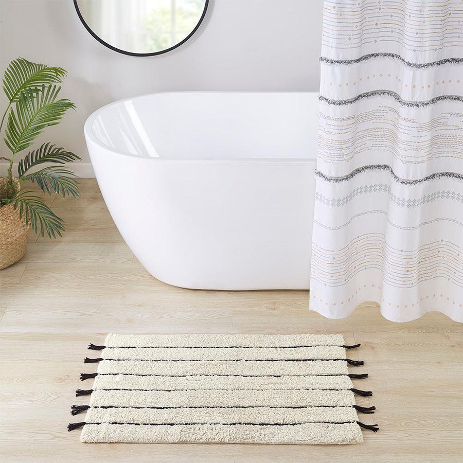 Olliix.com Bath Rugs - Arbor Stripe Tassel Cotton Tufted Rug Black & Neutral