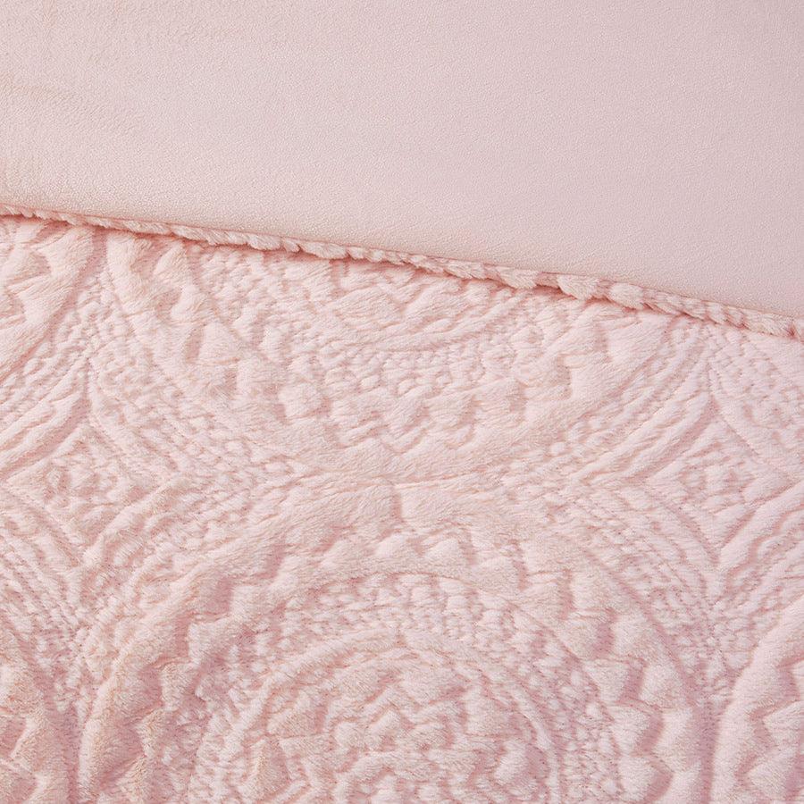Olliix.com Comforters & Blankets - Arya Embroidered Medallion 26 " W Faux Fur Ultra Plush Comforter Mini Set Blush Full/Queen