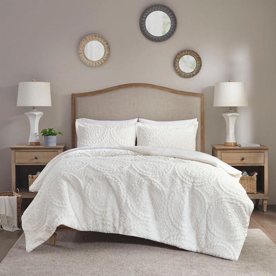 Olliix.com Duvet & Duvet Sets - Arya Embroidered Medallion Faux Fur Ultra Plush Duvet Cover Set King Ivory