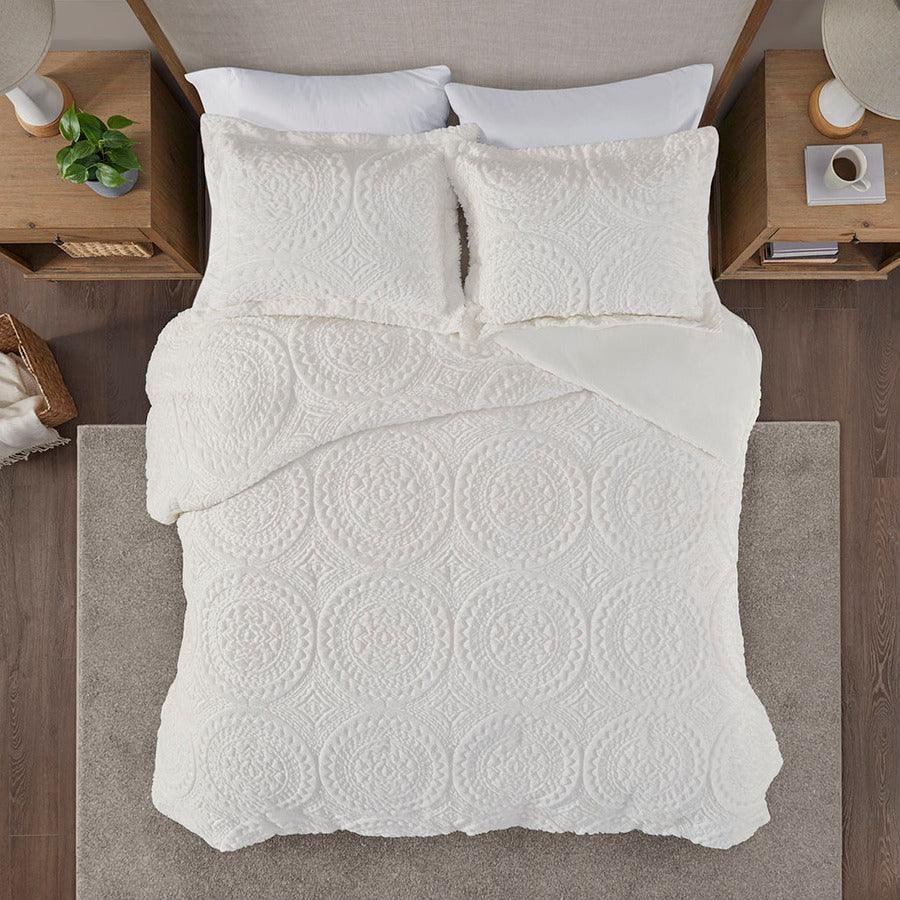 Olliix.com Duvet & Duvet Sets - Arya Embroidered Medallion Faux Fur Ultra Plush Duvet Cover Set King Ivory