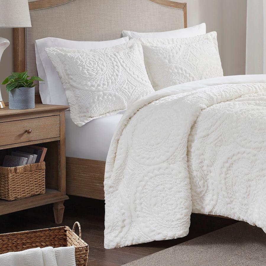 Olliix.com Duvet & Duvet Sets - Arya Embroidered Medallion Faux Fur Ultra Plush Duvet Cover Set King Ivory