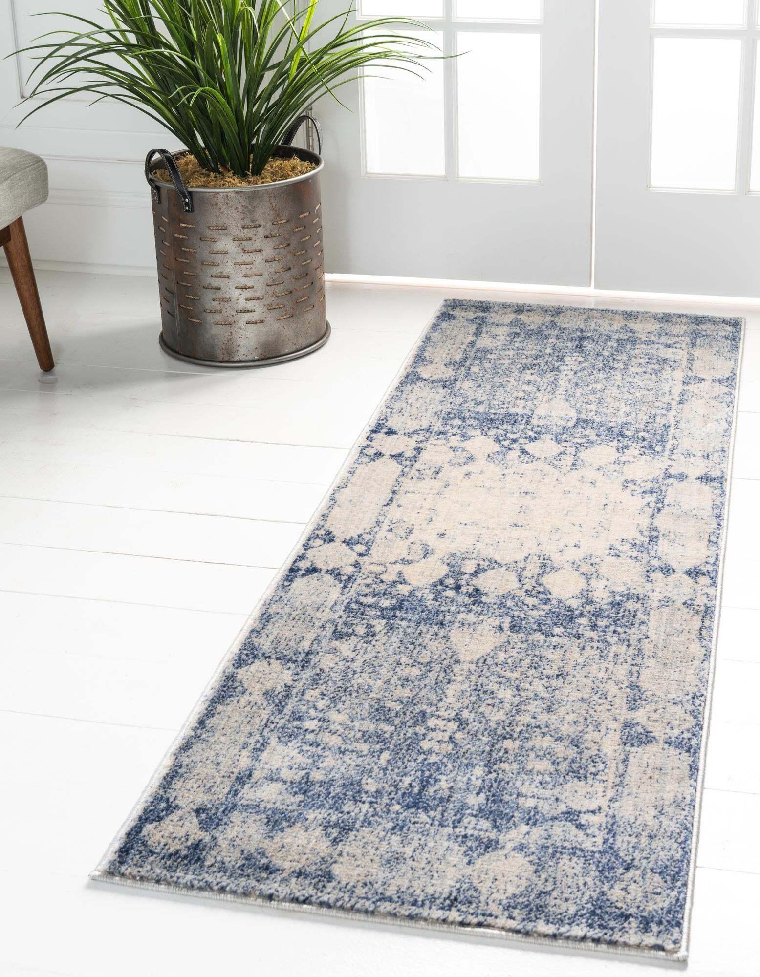 Unique Loom Indoor Rugs - Asheville 2' 2 x 6' Runner Rug Navy Blue & Beige