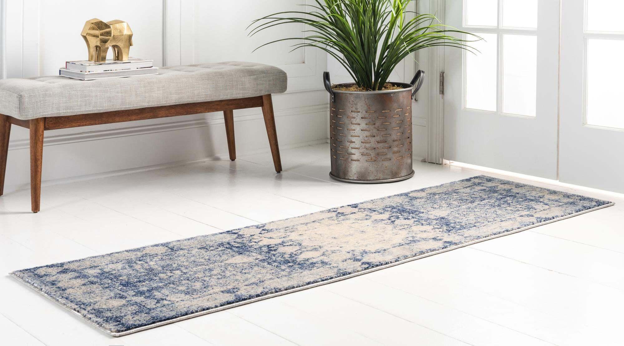 Unique Loom Indoor Rugs - Asheville 2' 2 x 6' Runner Rug Navy Blue & Beige