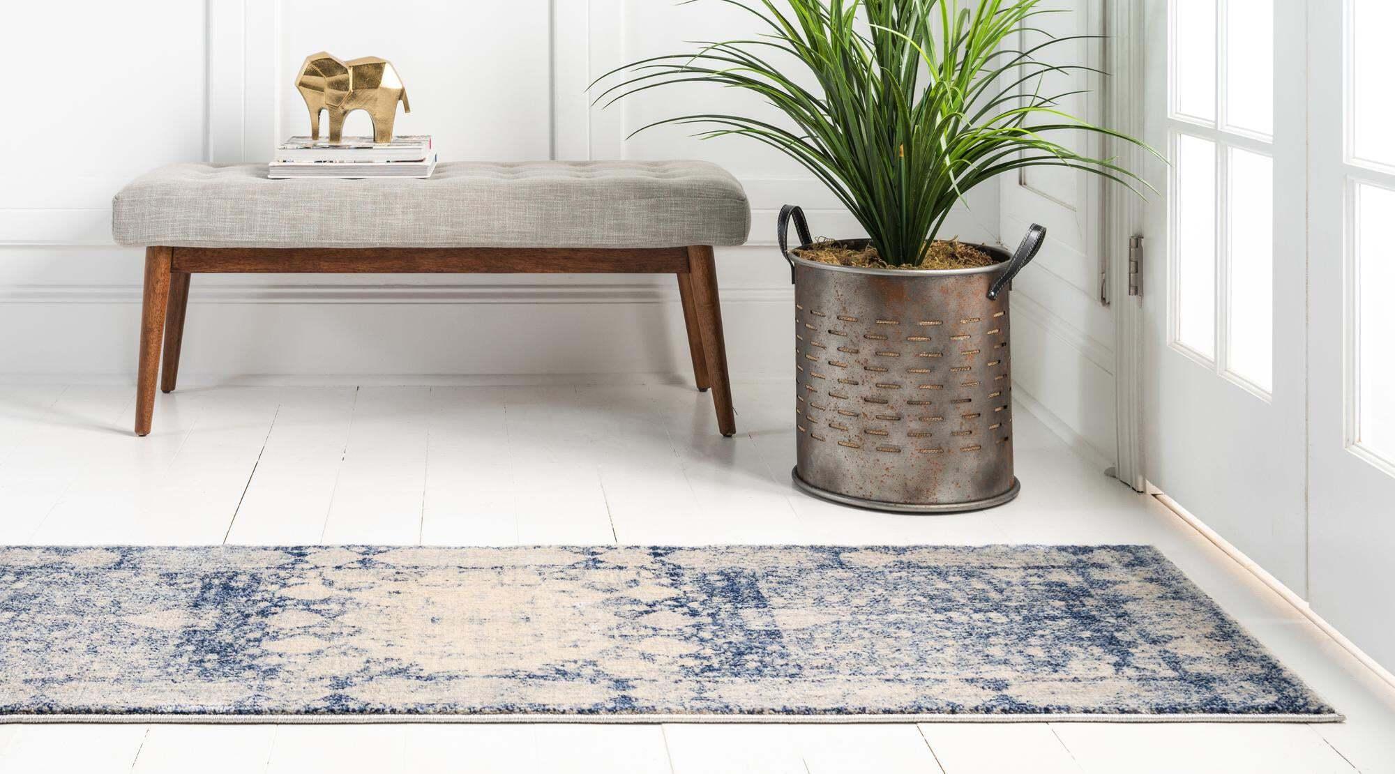 Unique Loom Indoor Rugs - Asheville 2' 2 x 6' Runner Rug Navy Blue & Beige