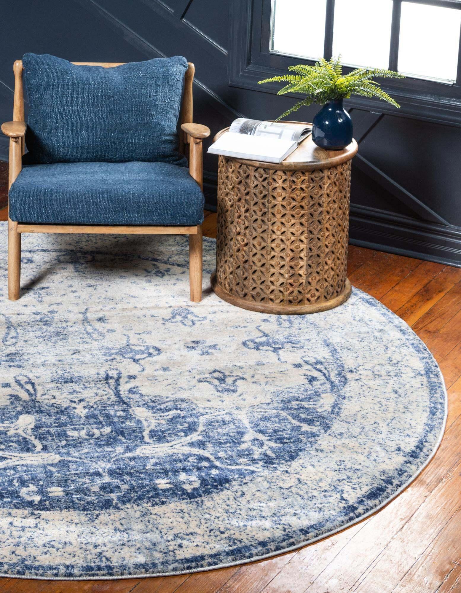 Unique Loom Indoor Rugs - Asheville 8' x 8' Round Rug Navy Blue