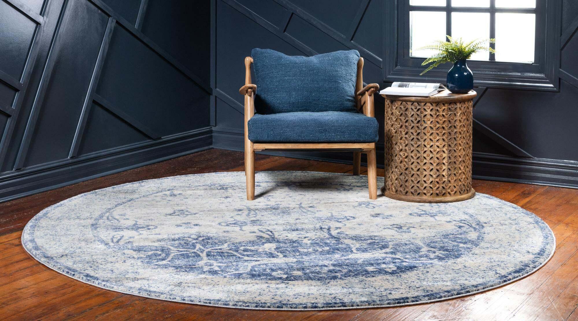 Unique Loom Indoor Rugs - Asheville 8' x 8' Round Rug Navy Blue