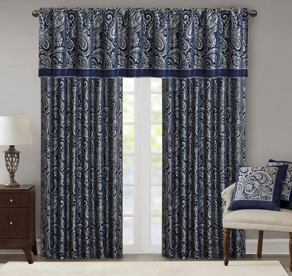 Olliix.com Curtains - Aubrey 84 H Jacquard Panel Pair Navy