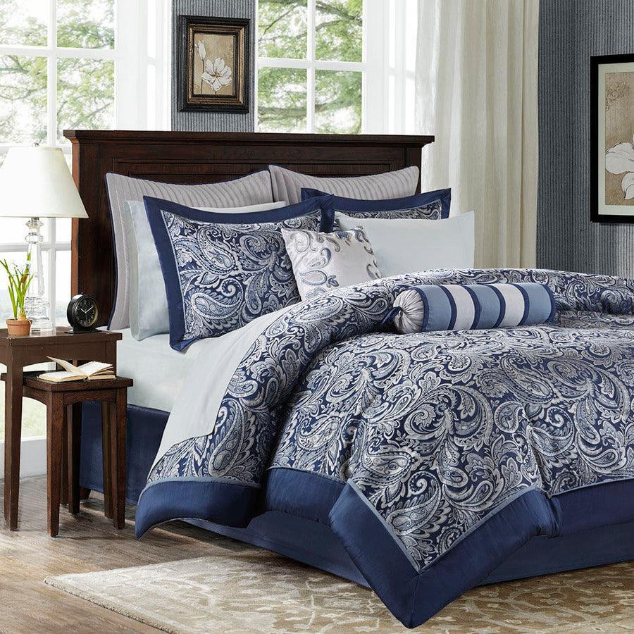 Olliix.com Comforters & Blankets - Aubrey Queen 12 Piece Traditional Complete Bed Set Navy
