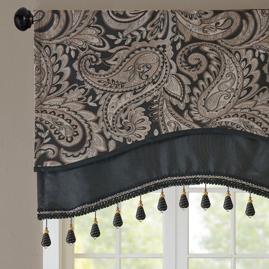 Olliix.com Curtains - Aubrey Traditional Jacquard Window Rod Pocket Valance With Beads 50"W x 18"L Black