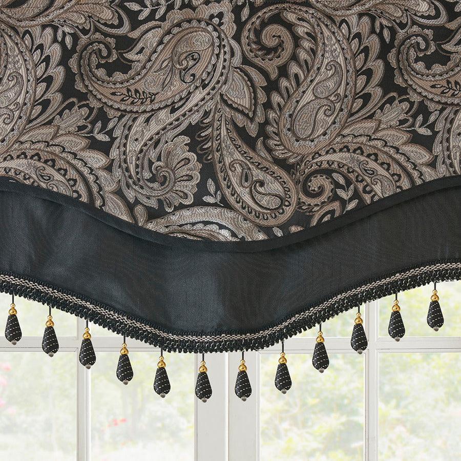 Olliix.com Curtains - Aubrey Traditional Jacquard Window Rod Pocket Valance With Beads 50"W x 18"L Black